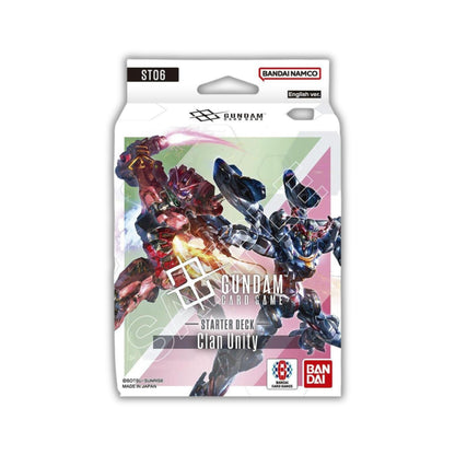 Gundam TCG Starter Deck 06 Clan Unity ST06 box set featuring ready-to-play cards, bonus pack, and rule sheet from Bandai.