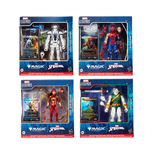 Hasbro Marvel Legends Magic the Gathering Spider-Man Bundle Pack of 4 (Agent Anti-Venom , Damaged Spider-Man, Iron Spider, and Man-Wolf) Action Figures
