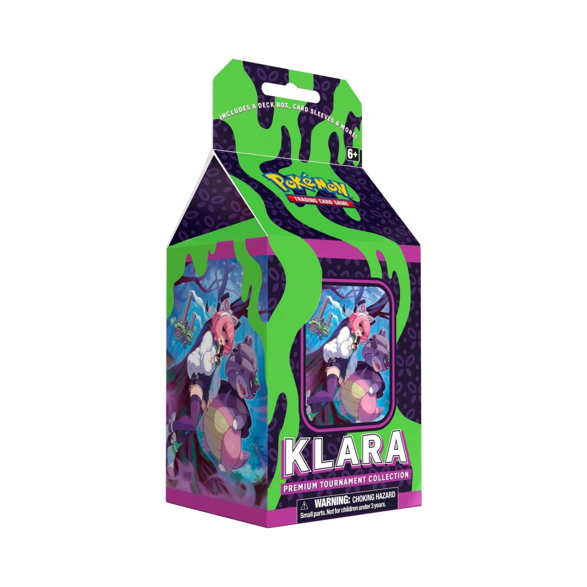 Pokemon TCG Klara Premium Tournament Collection Box with Klara Trainer cards, accessories, and booster packs.