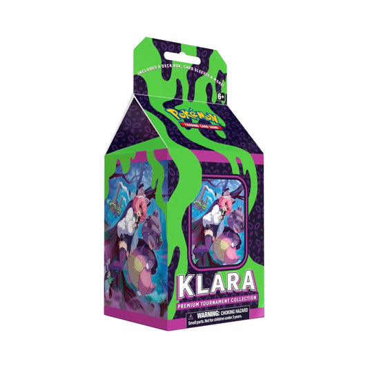 Pokemon TCG Klara Premium Tournament Collection Box with Klara Trainer cards, accessories, and booster packs.