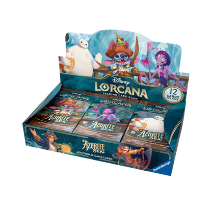 Disney Lorcana TCG Azurite Sea Booster Box sealed product featuring booster packs of disney lorcana cards for collectible card games.