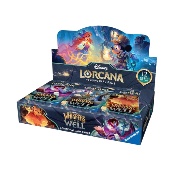 Disney Lorcana Whispers in the Well Booster Box containing 24 sealed booster packs with 12 cards each.