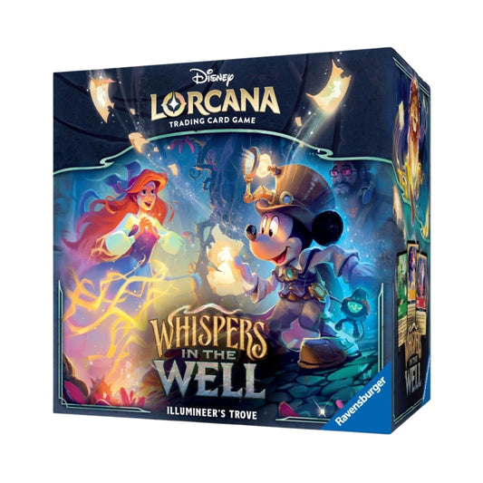 Disney Lorcana Whispers in the Well Illumineer’s Trove box set with booster packs, storage box, and accessories.
