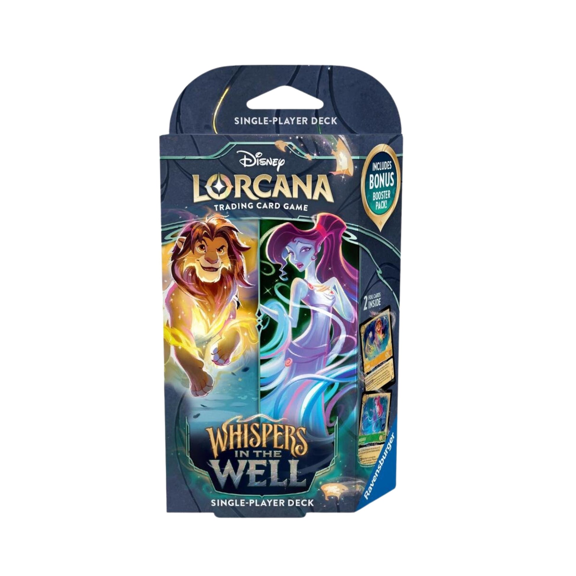 Disney Lorcana Whispers in the Well Amber & Emerald Starter Deck featuring collectible Disney trading cards, foil cards, and game accessories.