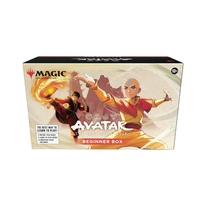 Magic The Gathering Avatar The Last Airbender Beginner Box featuring Aang and Zuko tutorial decks, playmats, tokens, and life counters.