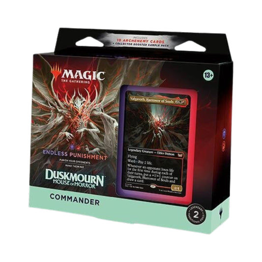 MTG Duskmourn House of Horror Endless Punishment Commander Deck with 100 cards and booster sample.