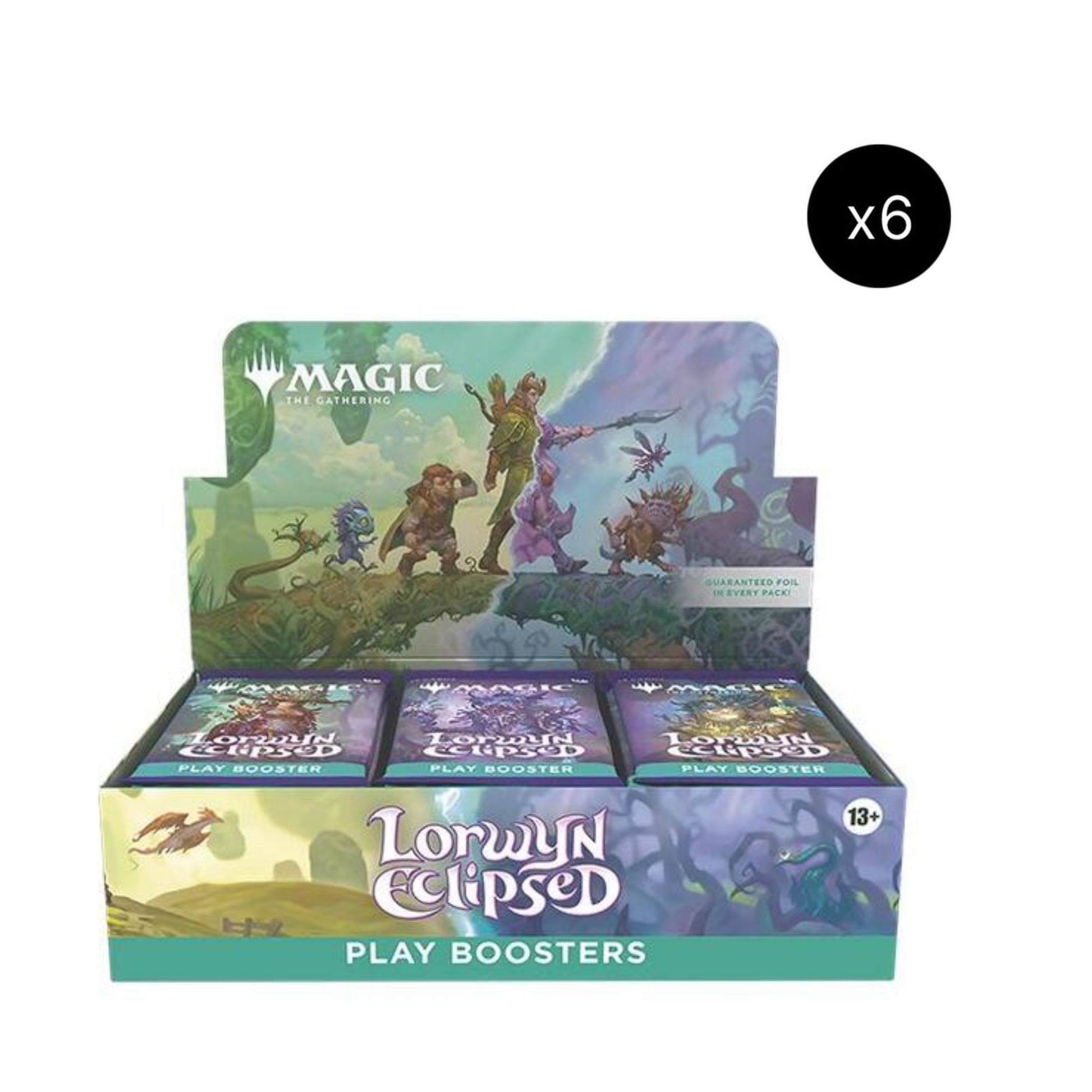 Magic The Gathering Lorwyn Eclipsed Play Booster Box Case with six sealed play booster boxes for collectible card games and card collections.
