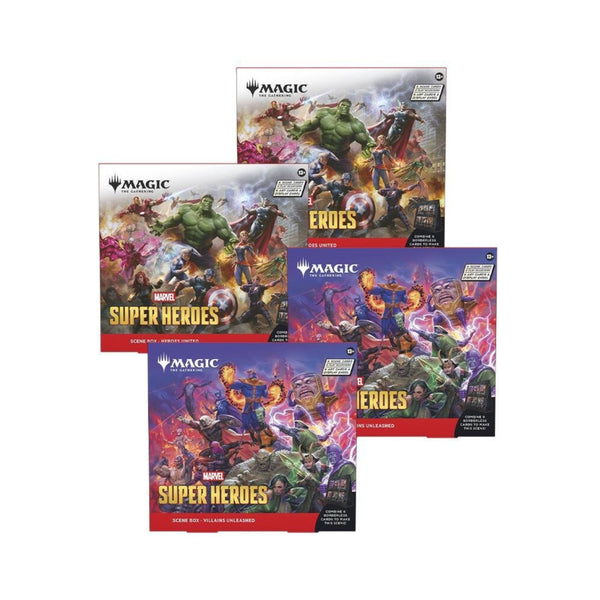 MTG Marvel Super Heroes Scene Box 4ct - Magic: The Gathering Collectible Cards with Foil Scene Cards, Art Cards, Play Boosters & Display Easel (PRE-ORDER JUNE)