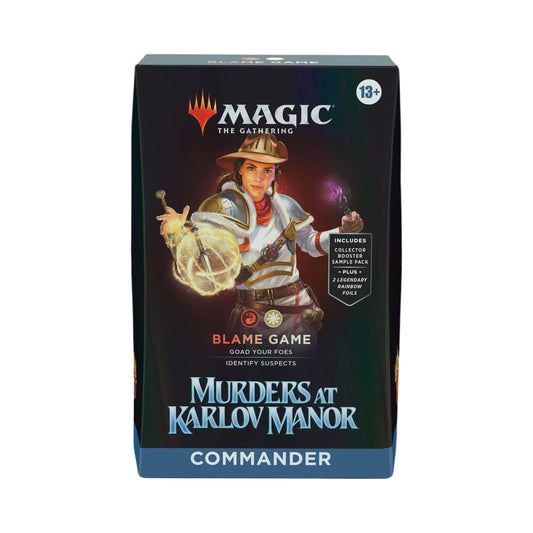 Magic The Gathering Murders at Karlov Manor Blame Game Commander Deck box with magic cards.