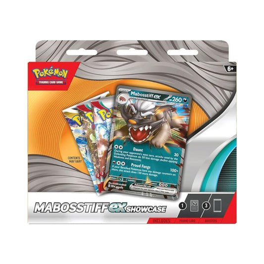 Pokemon TCG Mabosstiff ex Showcase box with promo pokemon card and sealed pokemon card packs for pokemon trading card game collectors.