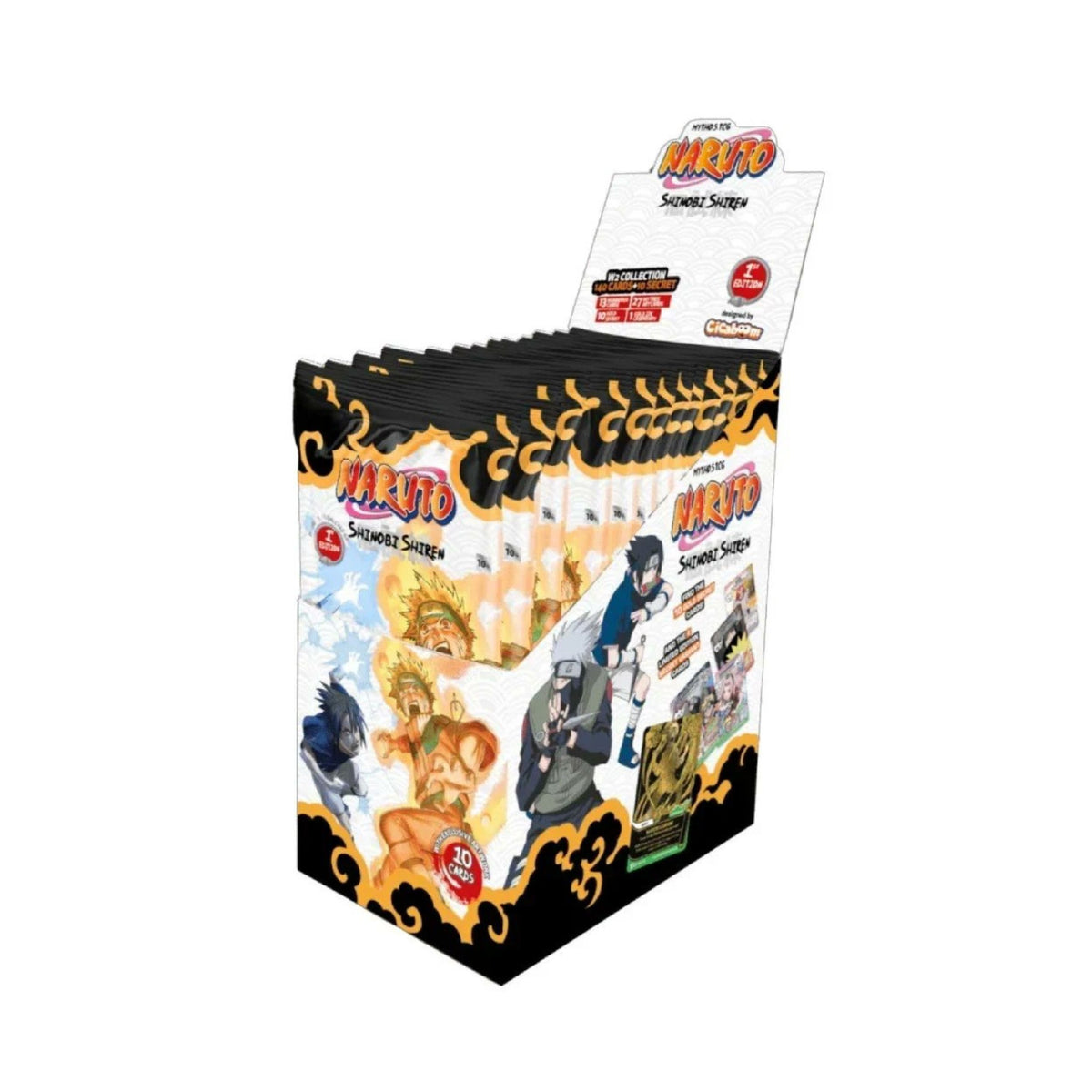 Naruto Mythos TCG Shinobi Shiren First Edition English Booster Box featuring Naruto, Sasuke, and Kakashi artwork