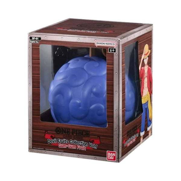 One Piece Card Game DF-01 Devil Fruit Collection Gum Gum Fruit set with themed cards and display.