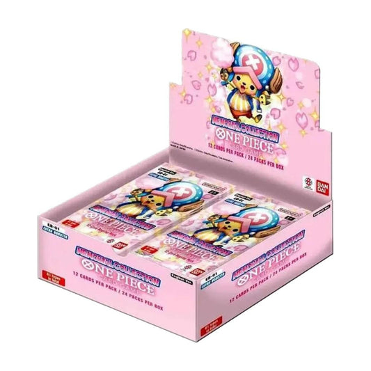 One Piece TCG EB-01 Memorial Collection English Booster Box with 24 sealed English booster packs for collectible card games and One Piece card collections.