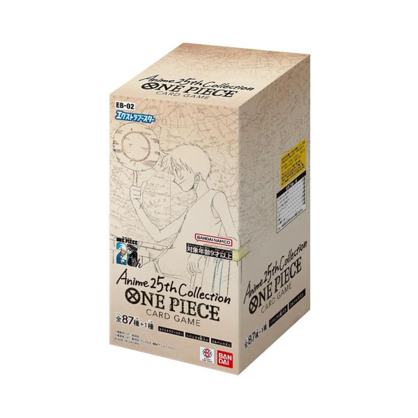 One Piece TCG EB-02 Anime 25th Collection Japanese Booster Box with sealed Japanese booster packs for collectible card games and One Piece card collections.