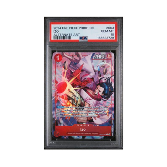 One Piece Izo PRB01 alternate-art trading card graded PSA 10 in its PSA holder.