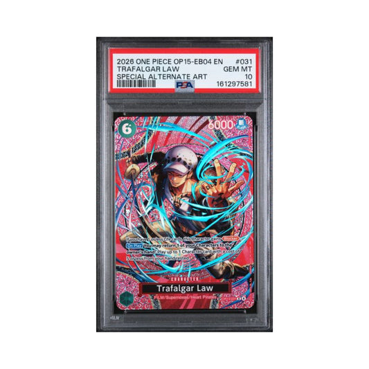 One Piece Trafalgar Law OP15 SP trading card graded PSA 10 in its PSA holder.