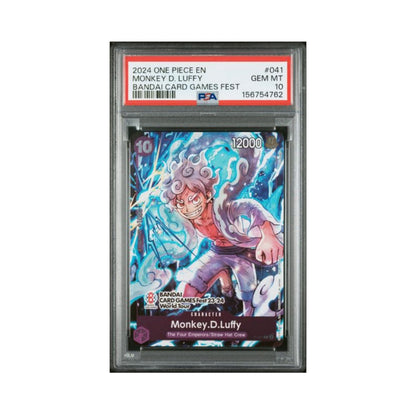 One Piece Luffy Bandai Fest trading card graded PSA 10 in its PSA holder.