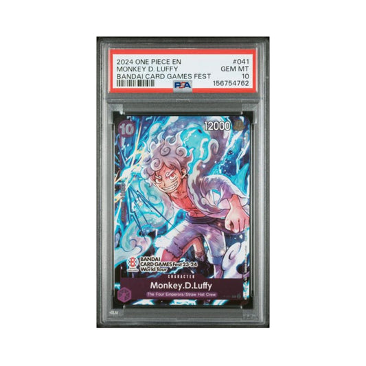 One Piece Luffy Bandai Fest trading card graded PSA 10 in its PSA holder.