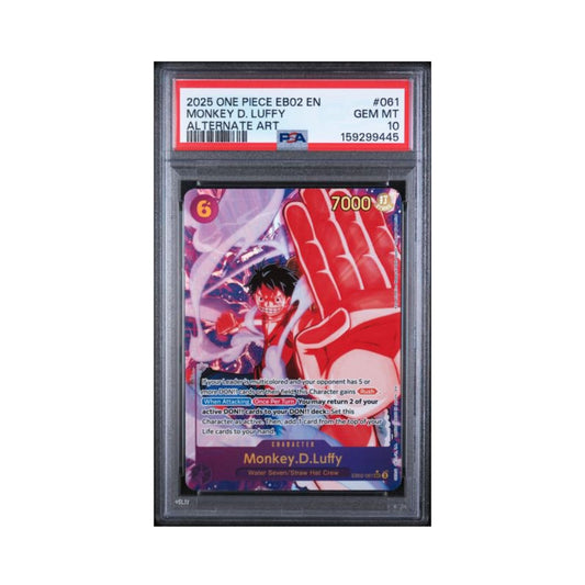 One Piece Monkey D. Luffy EB02 SEC trading card graded PSA 10 in its protective case.