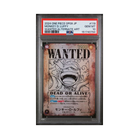 Japanese One Piece Luffy OP09 alternate-art trading card graded PSA 10 in its PSA holder.