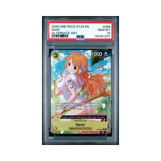 One Piece Nami ST29 alternate-art trading card graded PSA 10 in its PSA holder.