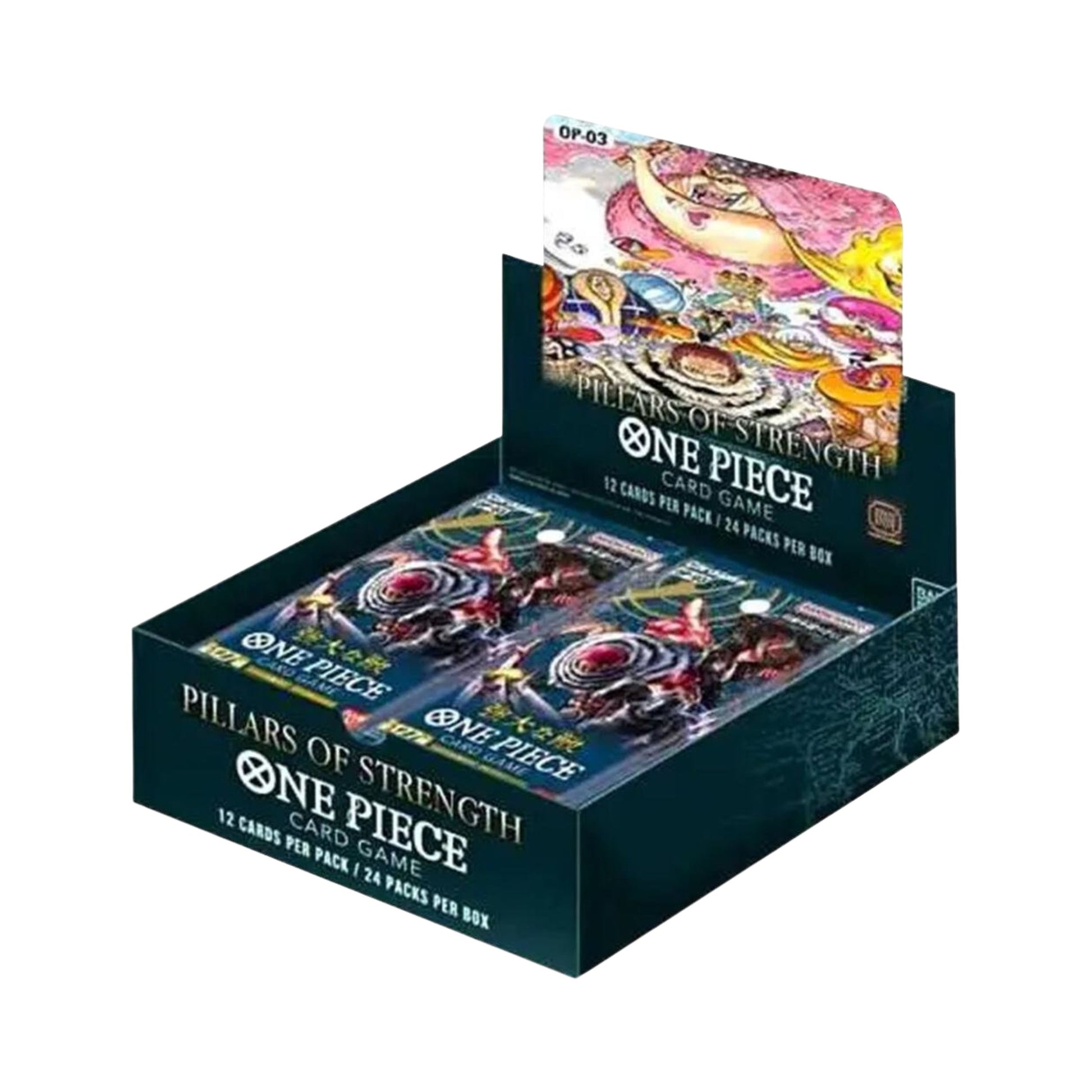 One Piece OP-03 Pillars of Strength Booster Box with 24 sealed packs featuring rare One Piece trading cards.