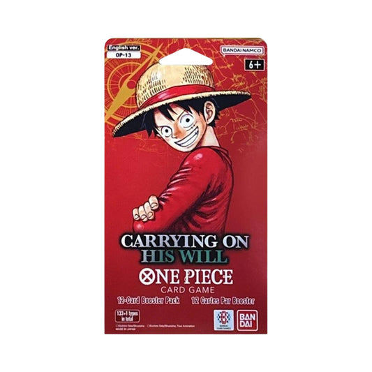 One Piece OP-13 Carrying On His Will Sleeved Booster Pack (ENG) with rare trading cards and protective sleeve for collectible card games.