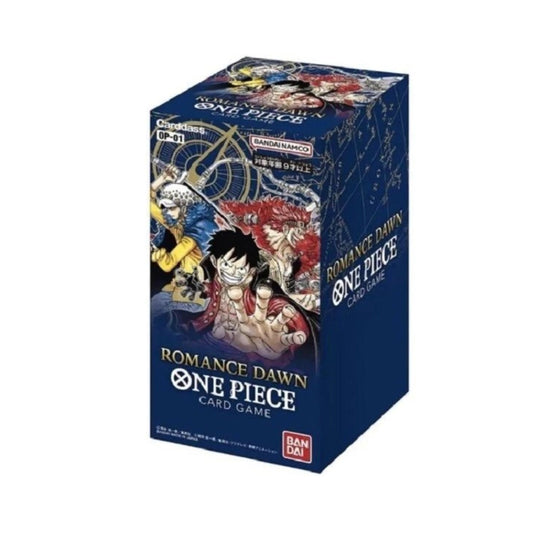 One Piece OP-01 Romance Dawn Japanese Booster Box with One Piece trading cards.