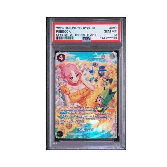 One Piece Rebecca OP06 SP trading card graded PSA 10 in its PSA holder.
