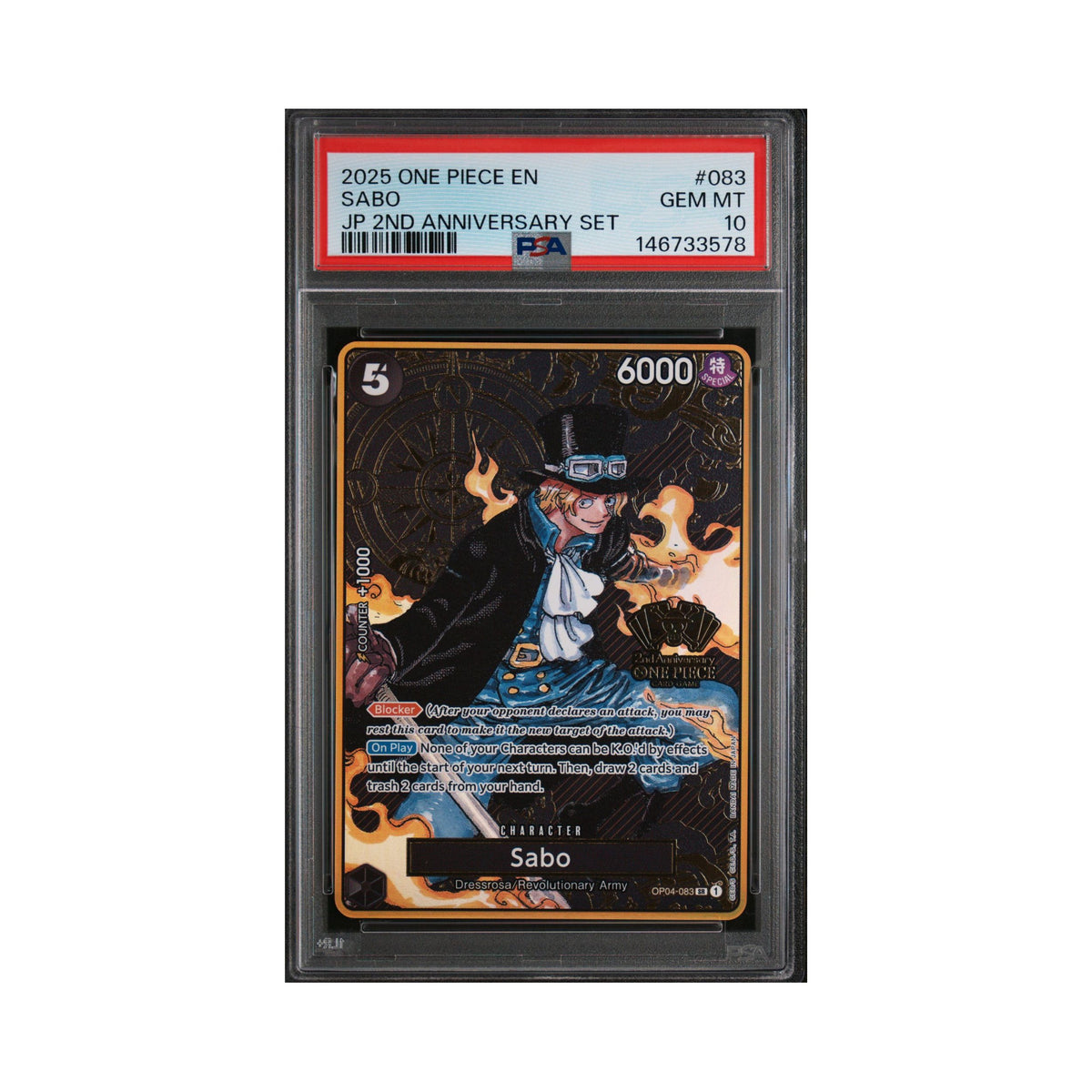 Japanese One Piece Card Game Sabo OP04-083 2nd Anniversary PSA 10 graded card