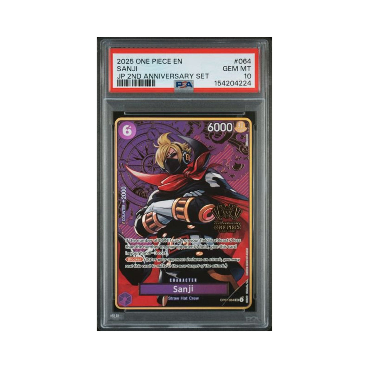 One Piece Sanji 2nd Anniversary SR trading card graded PSA 10 in its PSA holder.