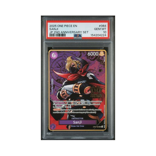 One Piece Sanji 2nd Anniversary SR trading card graded PSA 10 in its PSA holder.