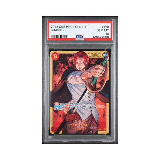 Japanese One Piece Shanks OP01 SEC trading card graded PSA 10 in its PSA holder.