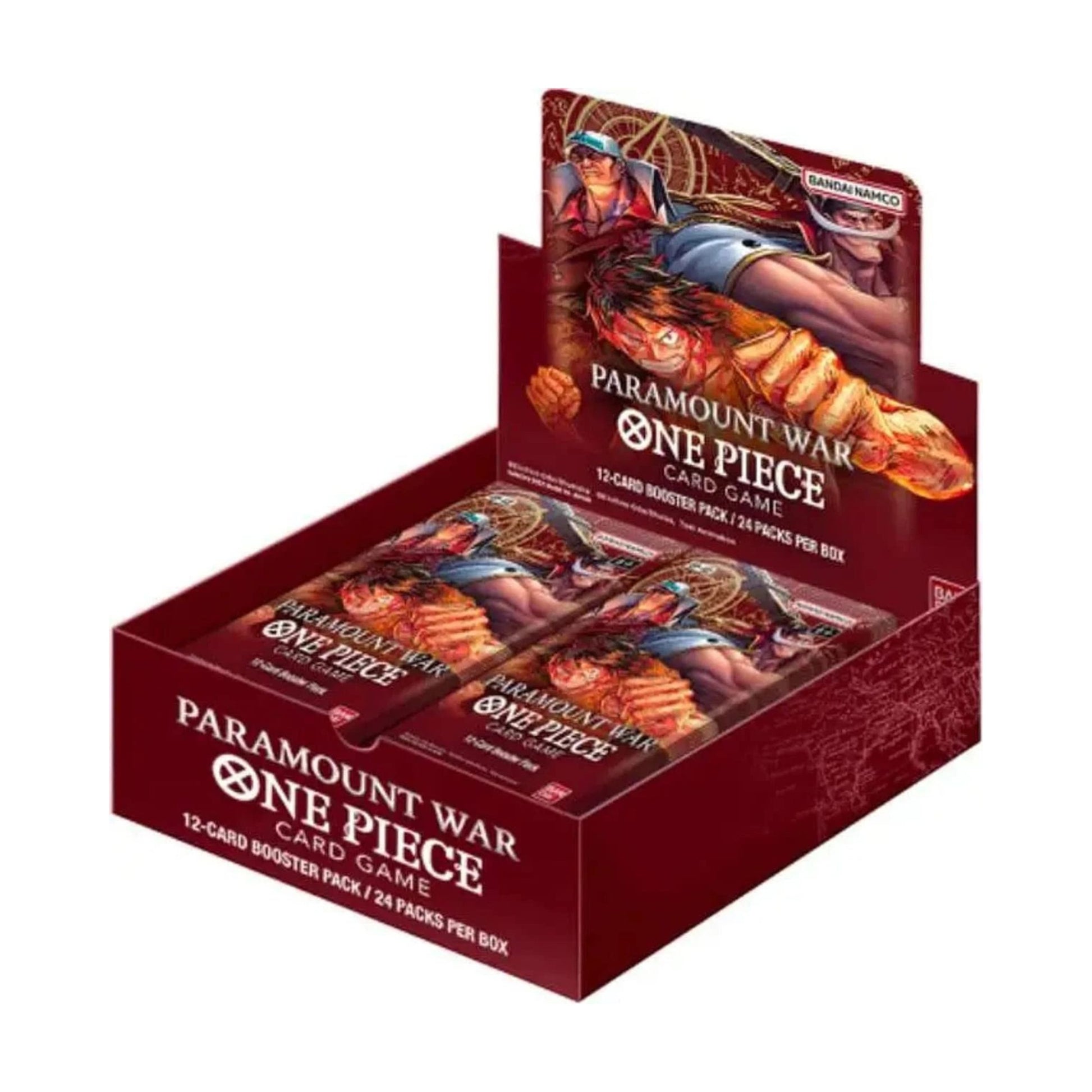 One Piece TCG OP-02 Paramount War Booster Box with 24 booster packs, each containing 12 cards for trading card games and deck building.
