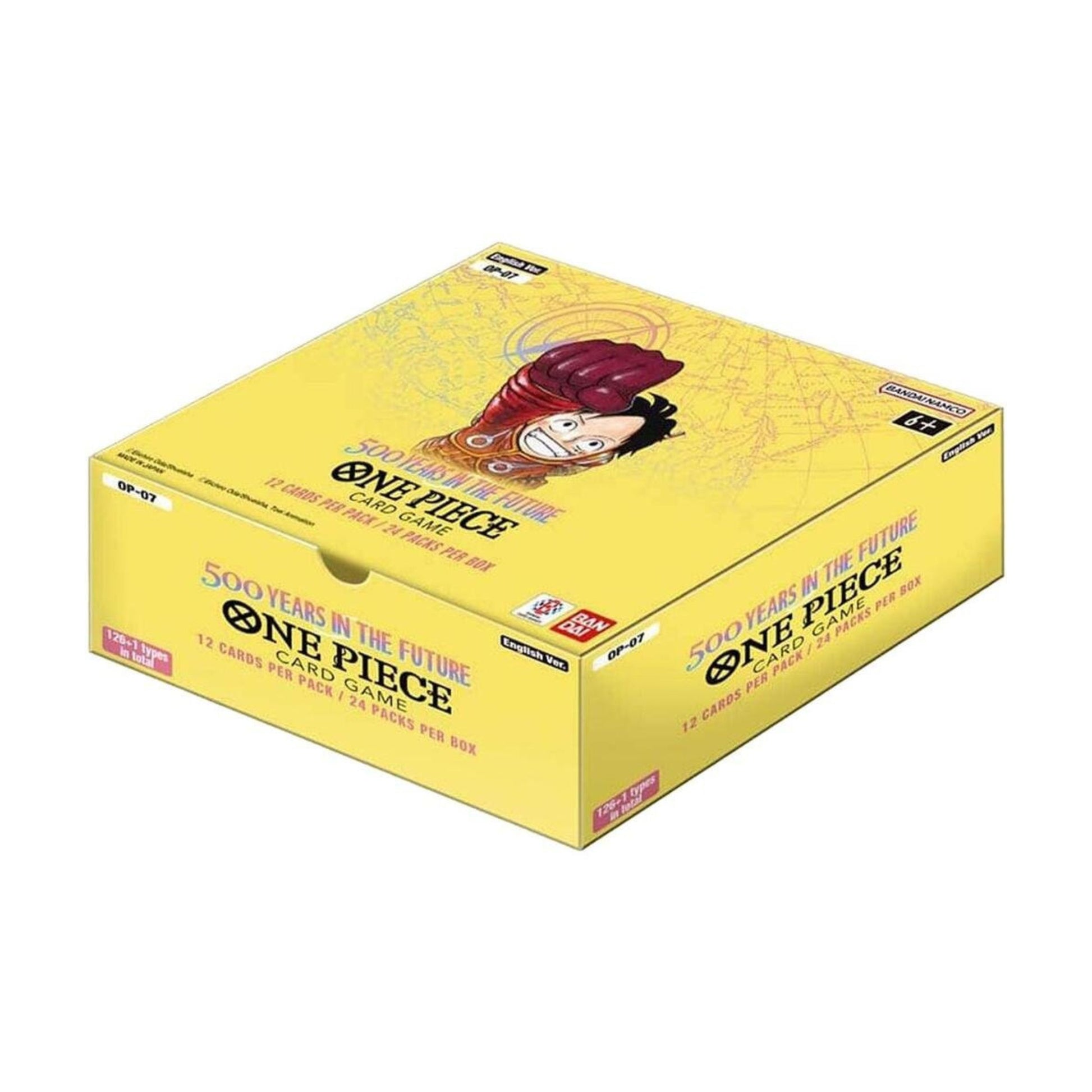 One Piece TCG OP-07 500 Years In The Future Booster Box with 24 booster packs containing 12 cards each for card game collectors and one piece tcg players.
