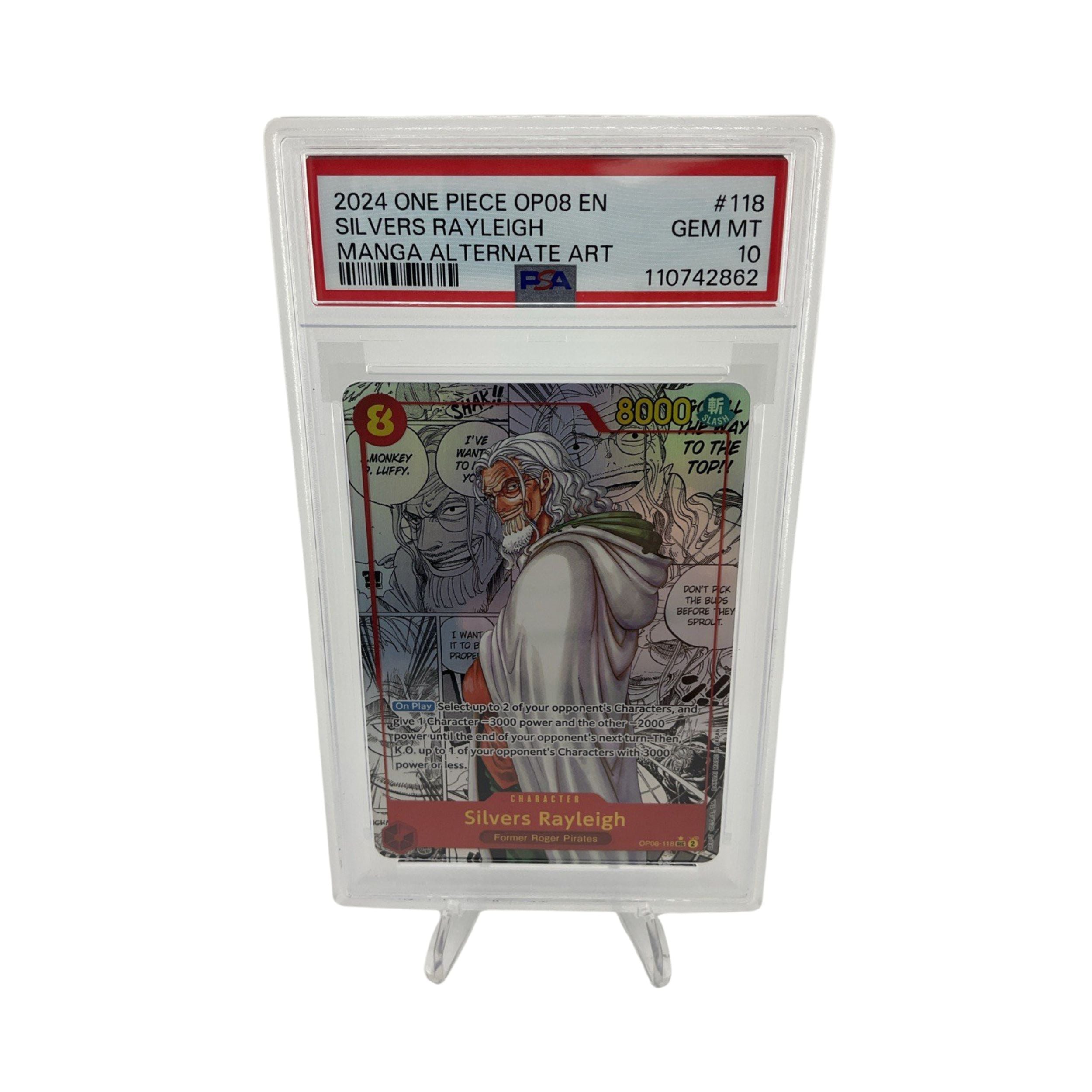 One Piece CCG Silvers Rayleigh Alternate Art Manga OP08-118 PSA 10