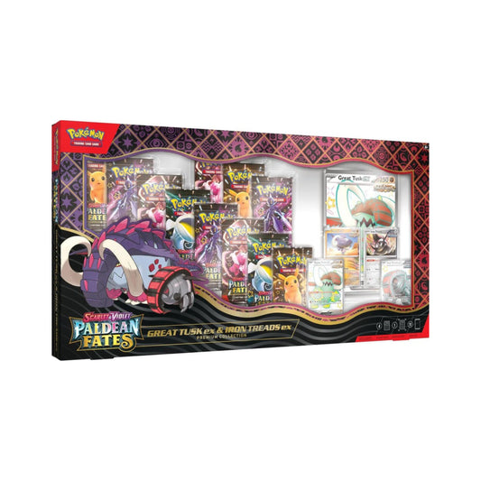 Pokemon TCG Paldean Fates Great Tusk ex Iron Treads ex Premium Collection box with booster packs.