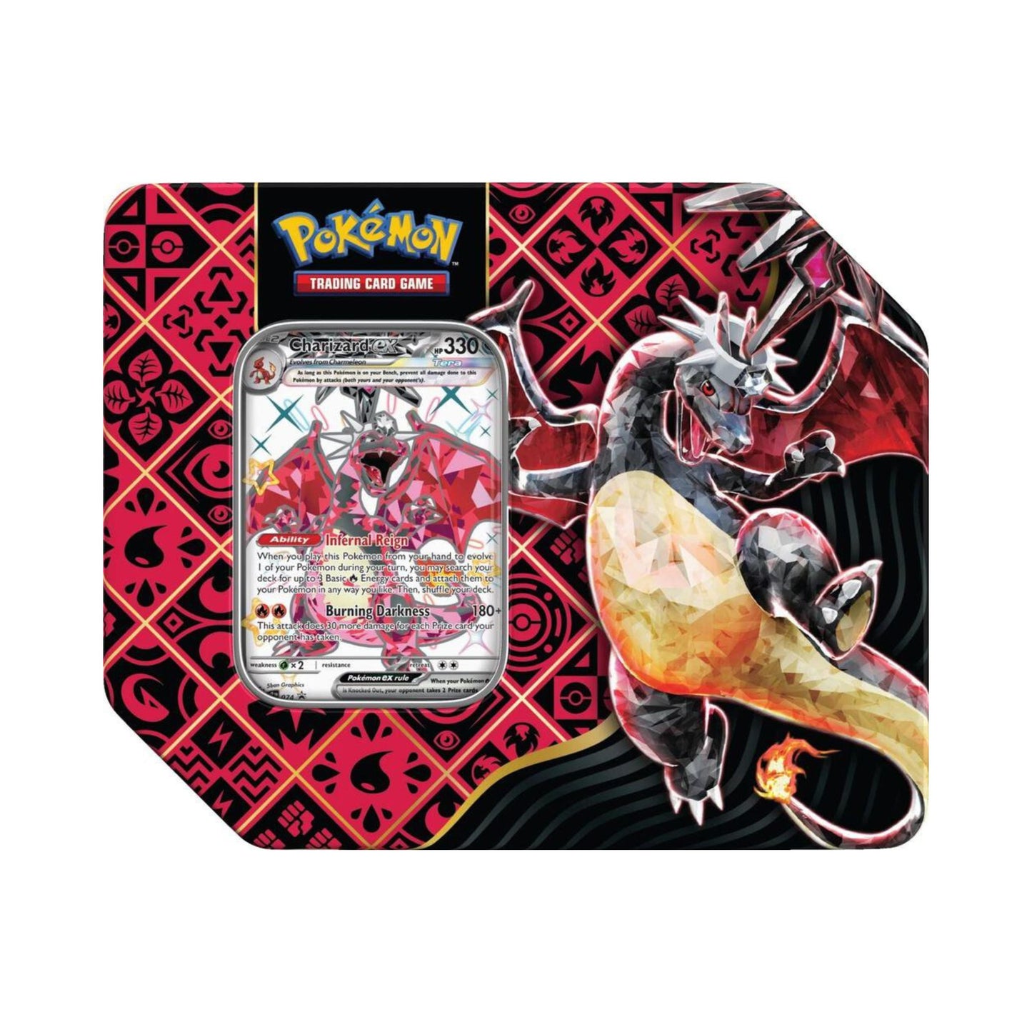 Pokemon TCG Paldean Fates Tin Charizard ex foil card and trading card booster packs.