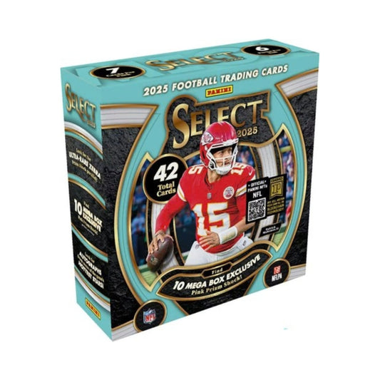 Panini Select 2025 Football Mega Box, Factory Sealed Trading Card Box with Pink Prizm Shock Parallels, NFL Football Cards for Collectors