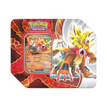 Pokemon TCG Paradox Destinies Tin Gouging Fire ex with booster packs foil promo card and code card.
