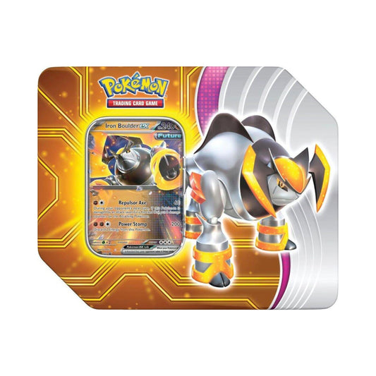Pokemon TCG Paradox Destinies Tin Iron Boulder ex with booster packs foil card and code card.