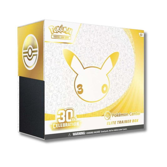 Pokemon TCG 30th Celebration Pokemon Center Elite Trainer Box featuring 11 booster packs, two Nidorina promo cards including a Pokemon Center stamped promo, card sleeves, foil Energy cards, dice, and collector storage accessories.