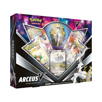 Pokemon TCG Arceus V Figure Collection with Arceus figure, foil promo card, and four booster packs.