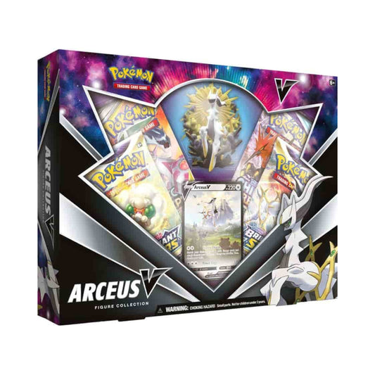 Pokemon TCG Arceus V Figure Collection with Arceus figure, foil promo card, and four booster packs.