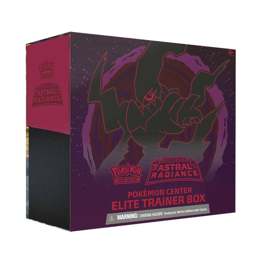 Pokemon TCG Sword and Shield Astral Radiance Pokemon Center Elite Trainer Box with Darkrai artwork and included accessories.
