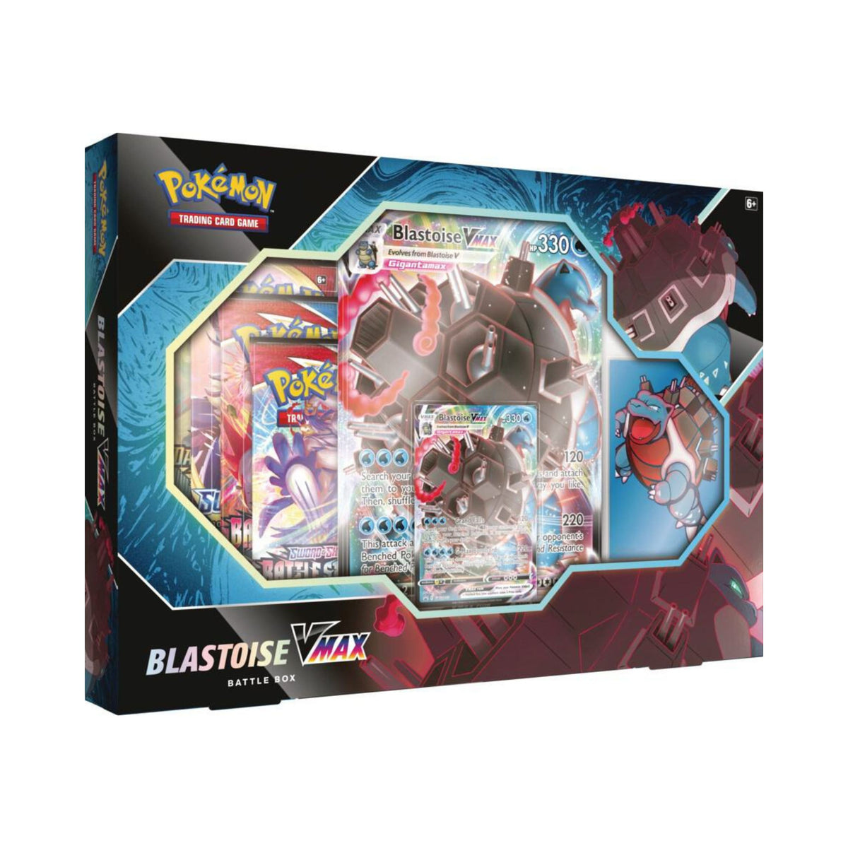 Pokemon TCG Blastoise VMAX Battle Box with promo cards and booster packs.