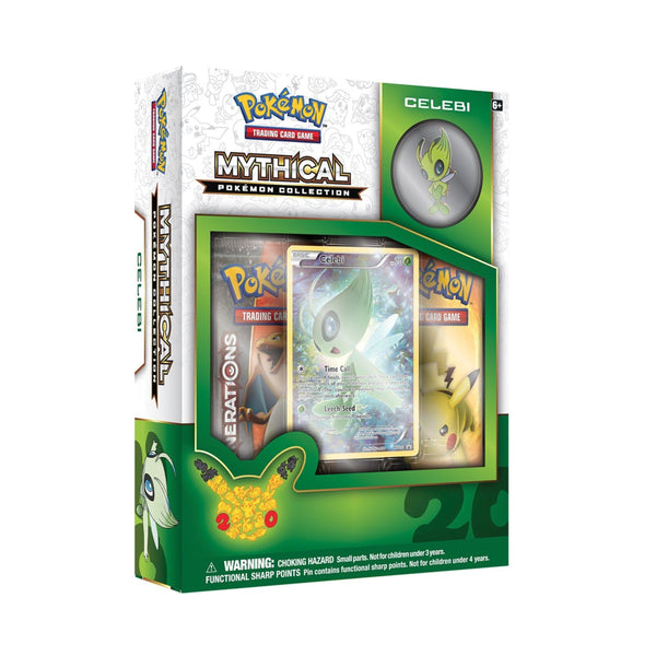 Pokemon TCG Celebi Mythical Pokemon Collection Box with foil Celebi card, pin, and two booster packs.