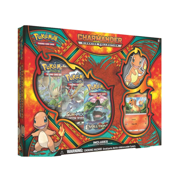 Pokemon TCG Charmander Sidekick Collection Box with promo card, Charmander dangler, and three booster packs.