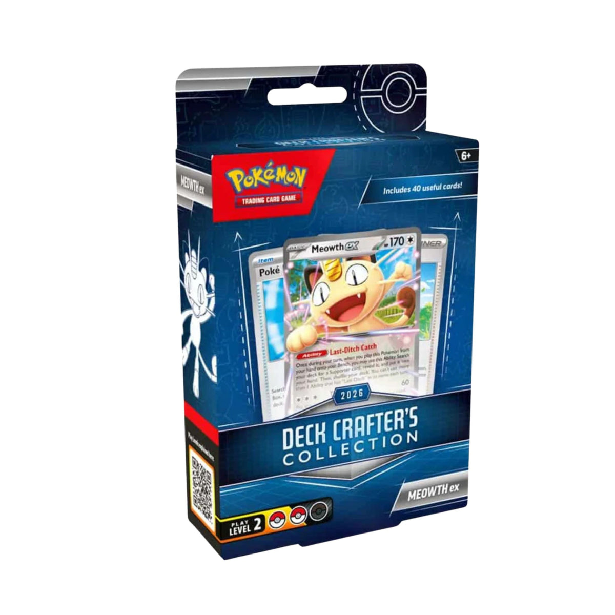Pokémon TCG Deck Crafter's Collection box featuring Meowth ex, 39 Trainer cards, a Deck Crafter's Guide, nine labeled dividers, a booster pack, and a Pokémon TCG Live code card
