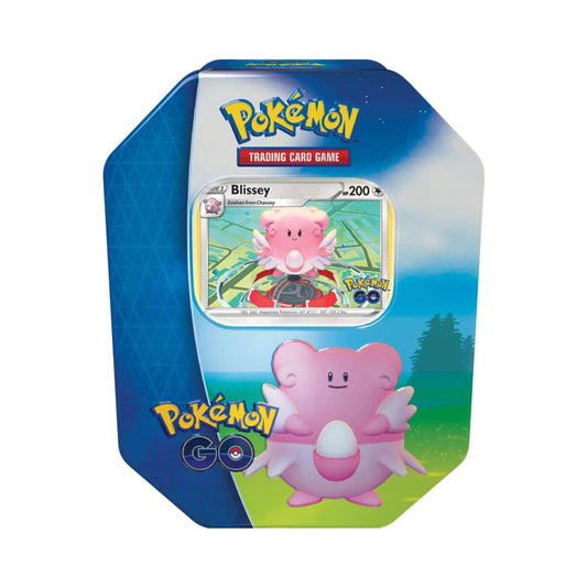 Pokemon TCG Pokemon GO Blissey Tin with pokemon card packs and collectible pokemon trading cards.